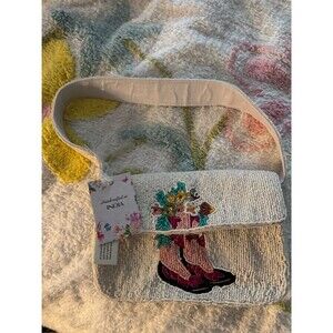 NWT Handcrafted Beaded Cowboy Boot Shoulder Bag Floral Western Flap Purse